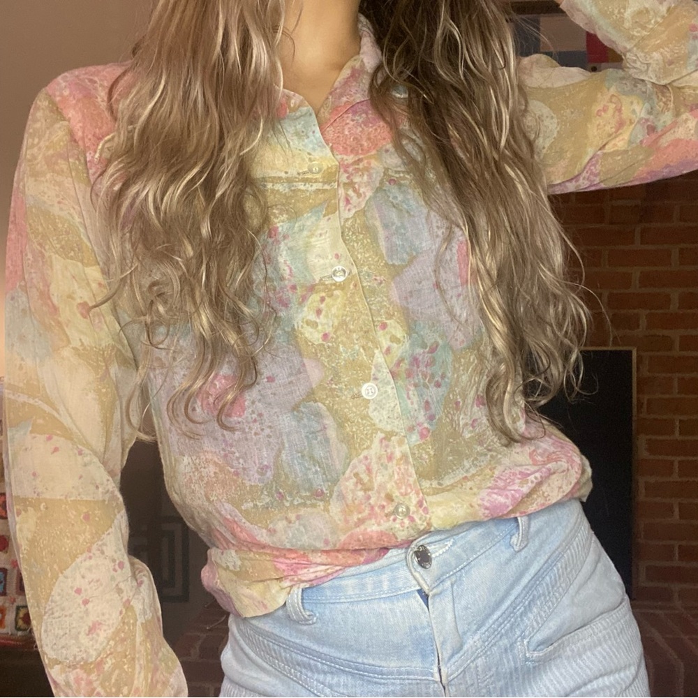 Vintage 60s Shapely Sheer Romantic Floral Watercolor Dagger Disco Collar…